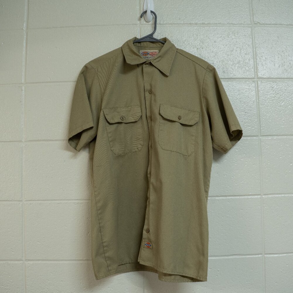 Vintage Dickies Work Shirt Medium Tan Khaki Made in USA Short Sleeve Industrial